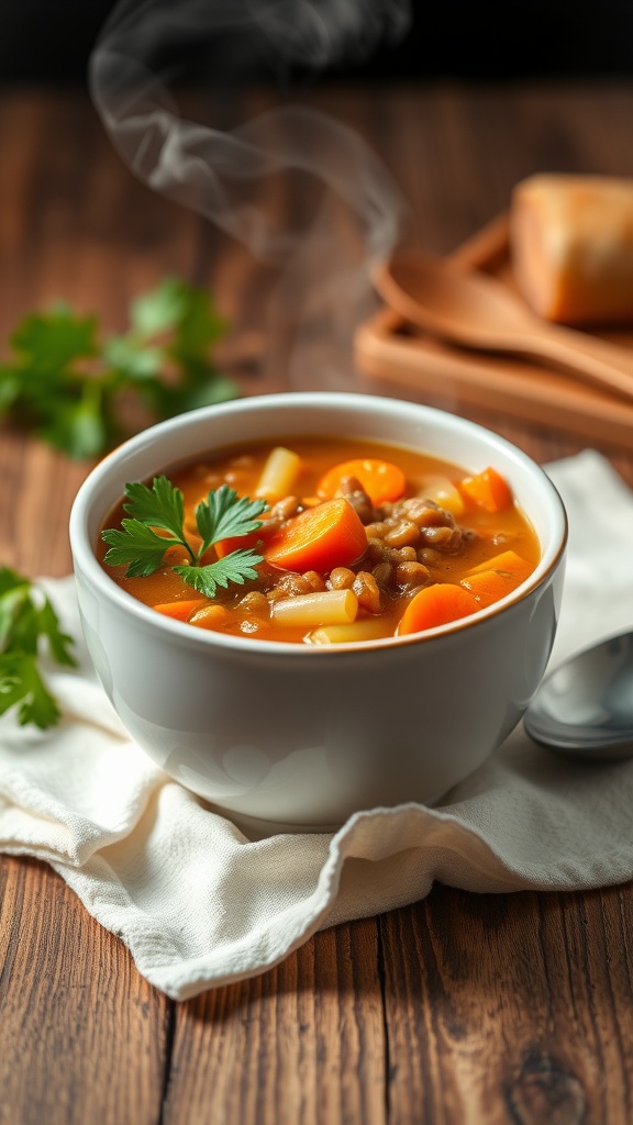 A bowl of steaming lentil soup with carrots and celery garnished with parsley.