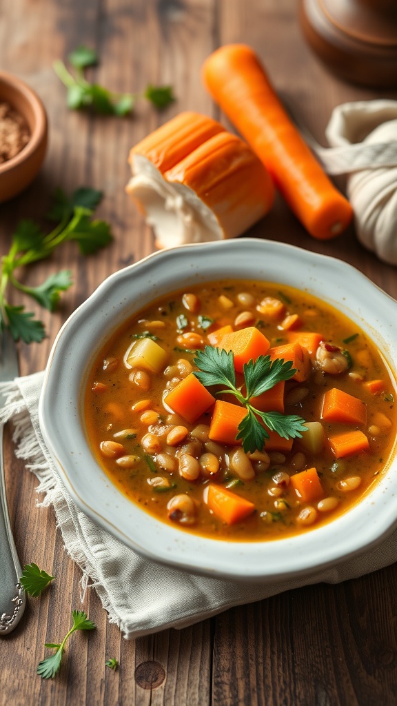 A bowl of lentil soup with carrots and celery, garnished with parsley, on a wooden table.