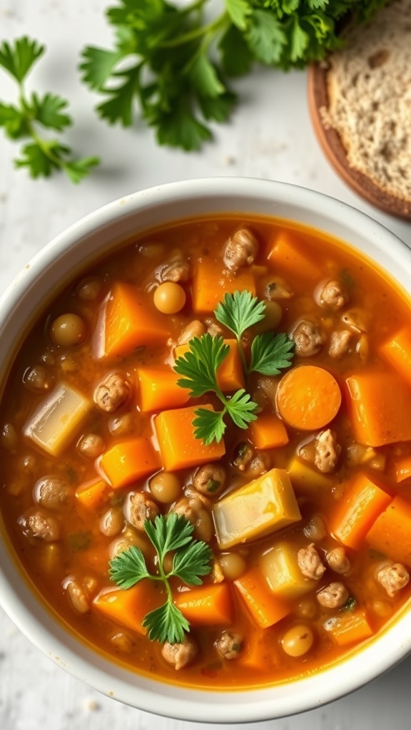 A bowl of lentil soup with carrots and celery, garnished with parsley.