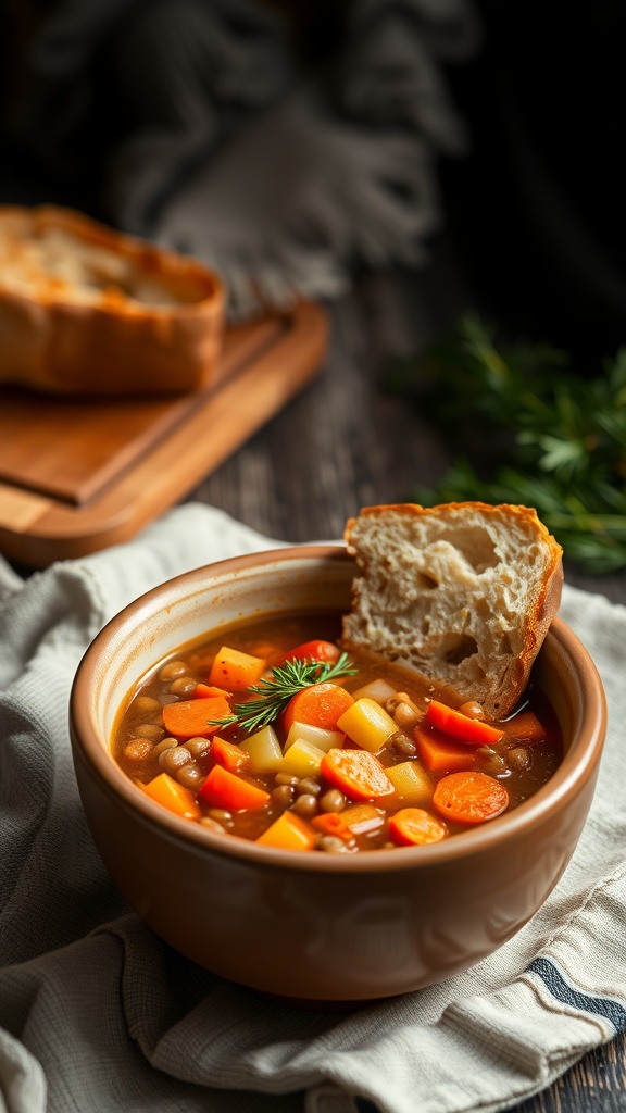 A bowl of lentil soup with carrots and celery, served with a slice of bread.