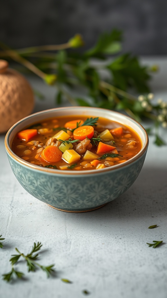 A bowl of lentil soup with carrots and celery, garnished with fresh herbs.