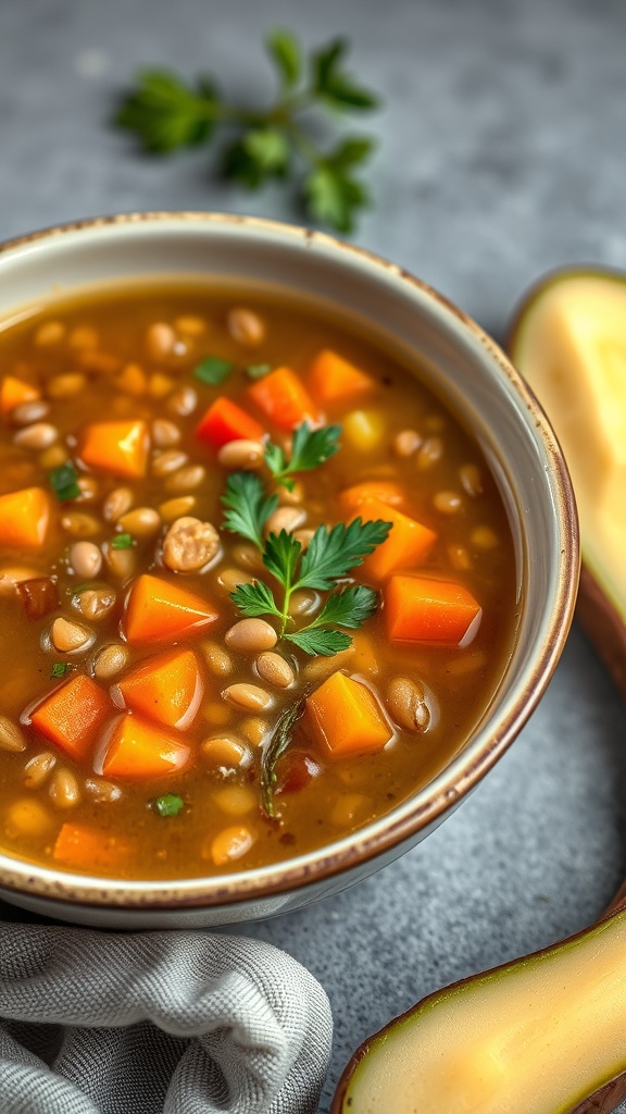 A bowl of lentil soup with carrots and celery, garnished with parsley.