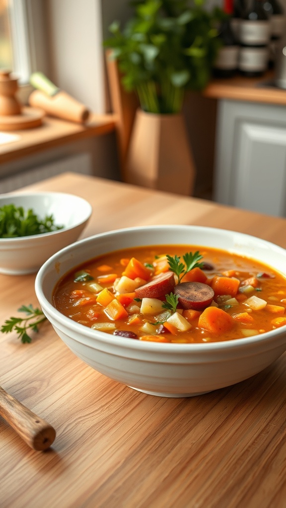 A bowl of lentil soup with carrots and celery on a wooden table.