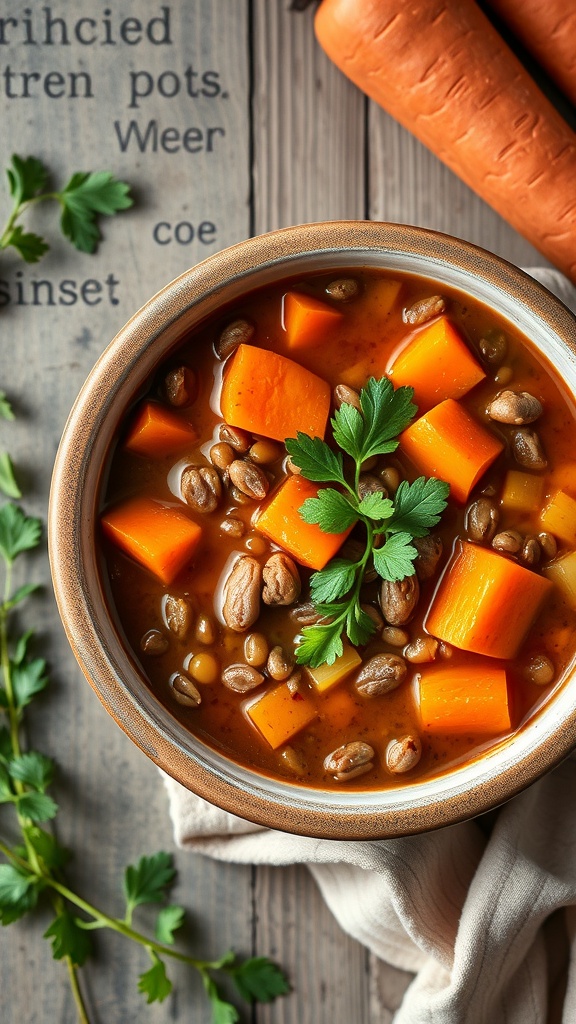 A bowl of lentil soup with carrots and celery, garnished with parsley.