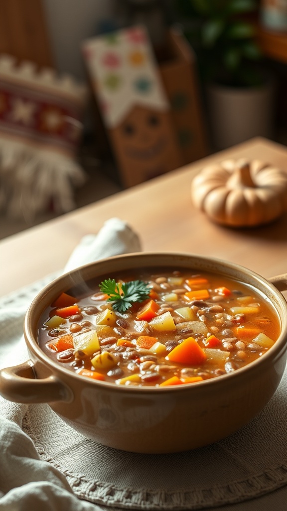 A warm bowl of lentil soup with carrots and celery, garnished with a sprig of cilantro.