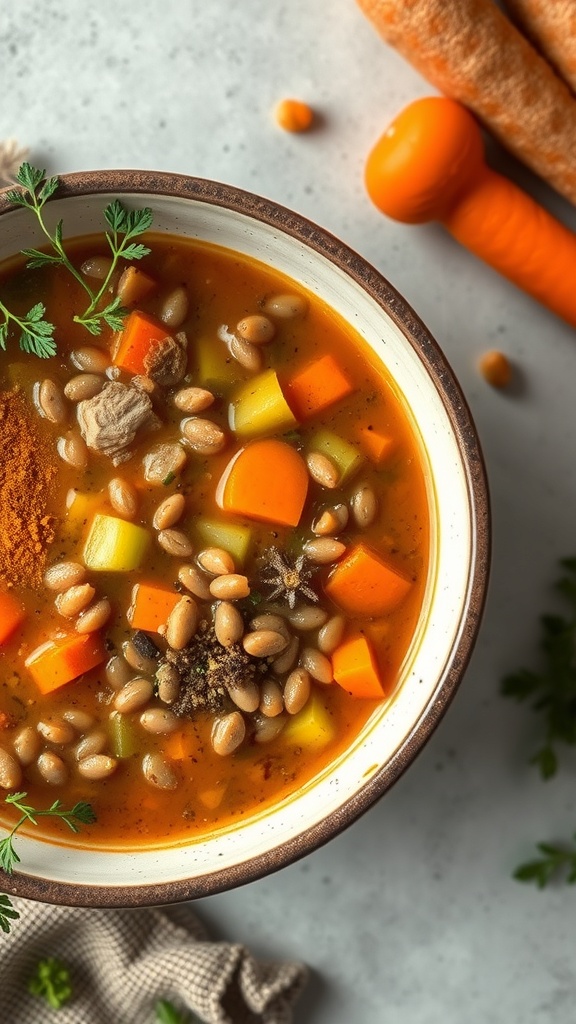 A bowl of lentil soup with carrots and celery, garnished with parsley.