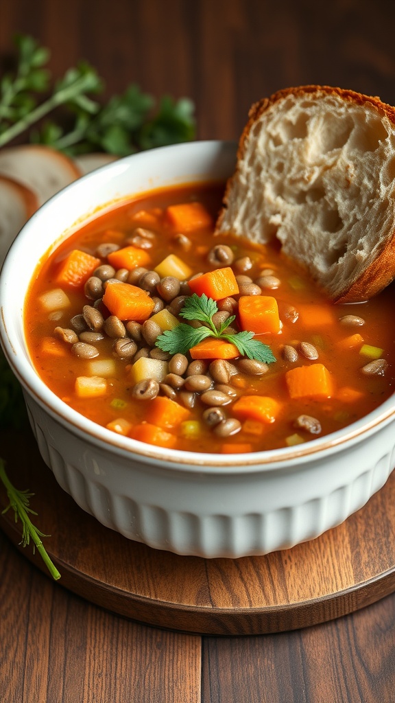 A bowl of lentil soup with carrots and celery, served with a slice of bread.