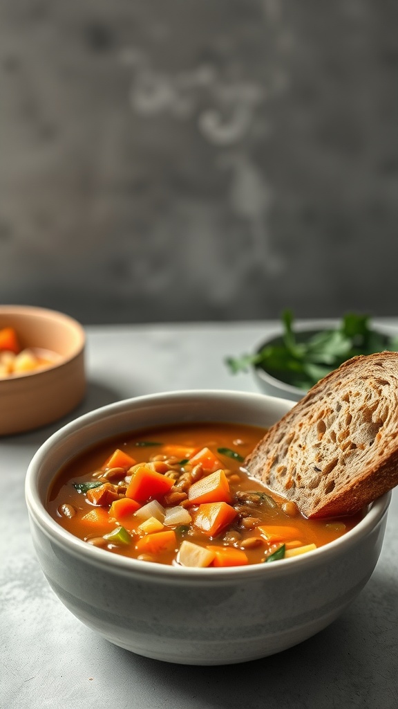 A warm bowl of lentil soup with carrots and celery, served with a slice of bread.