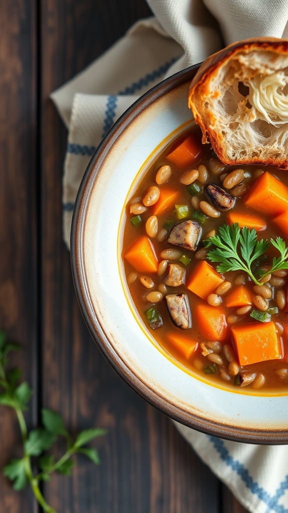 Bowl of lentil soup with carrots and celery, garnished with parsley and served with bread.