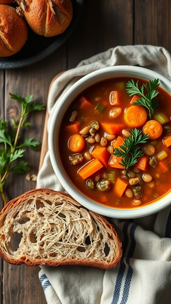 A bowl of lentil soup with carrots and celery, served with a slice of bread on the side.