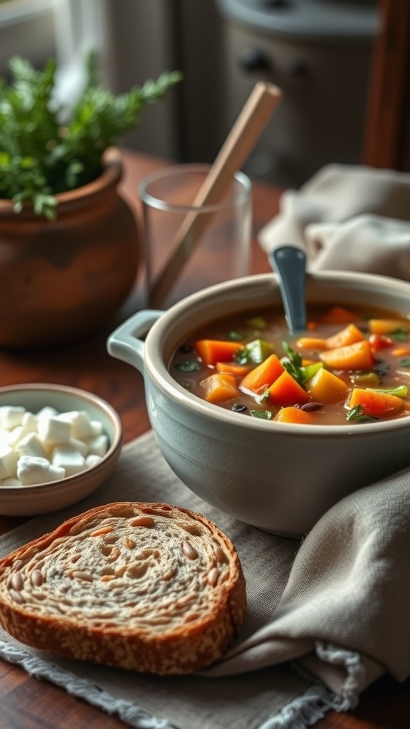 A bowl of hearty lentil soup with carrots and celery, accompanied by a slice of bread.