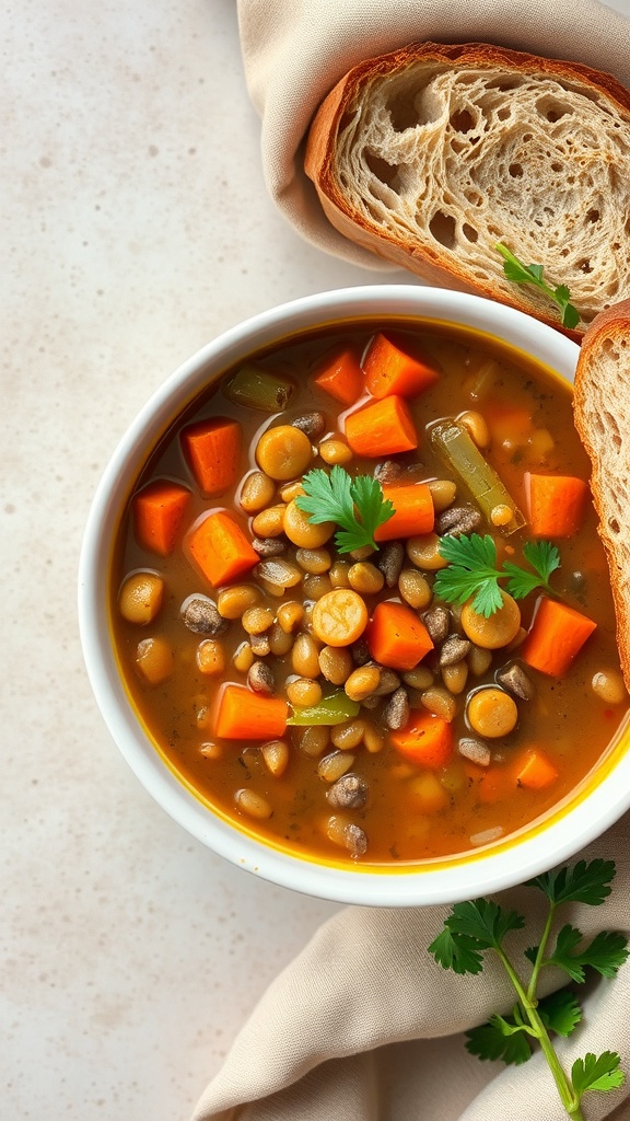 A bowl of lentil soup with carrots and celery, served with a slice of bread.