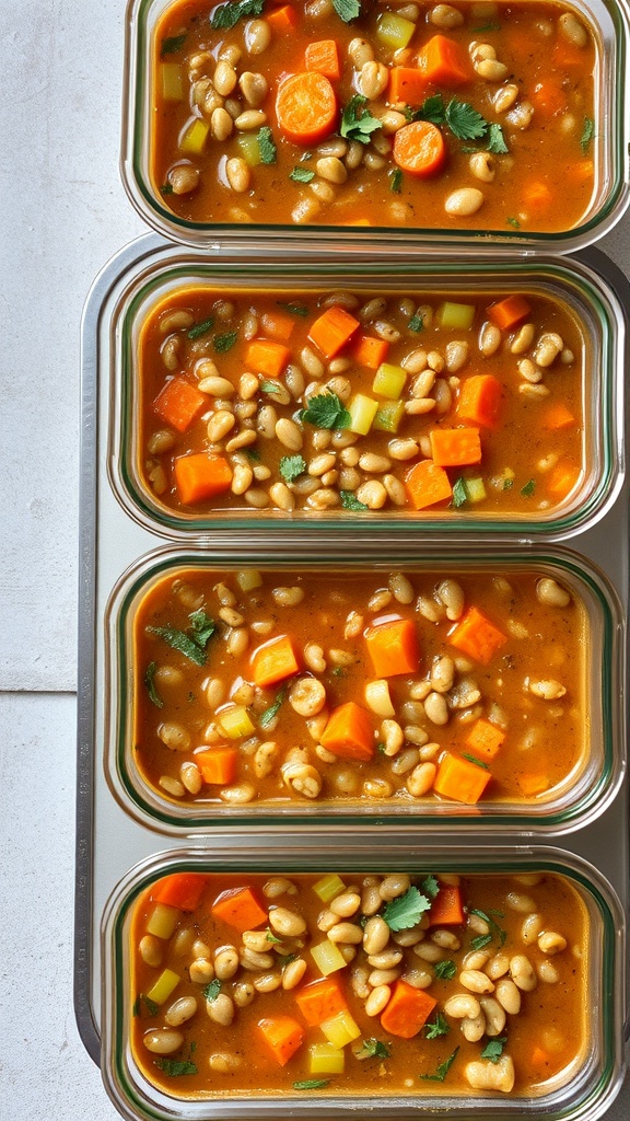 Containers of lentil soup with carrots and celery