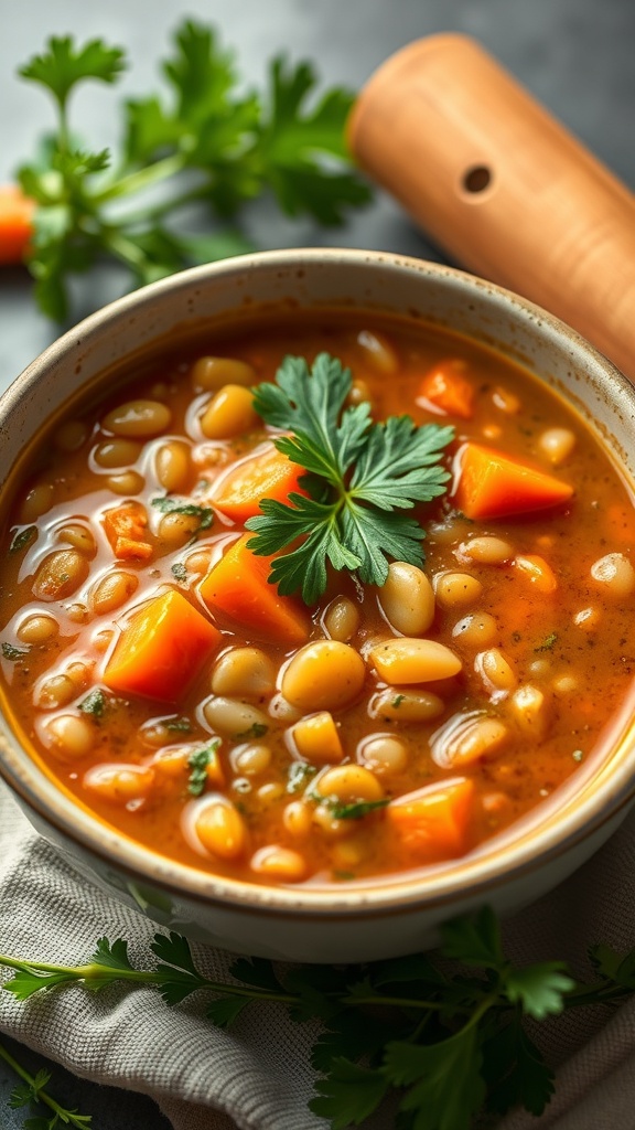 A bowl of lentil soup with carrots and celery, garnished with parsley.