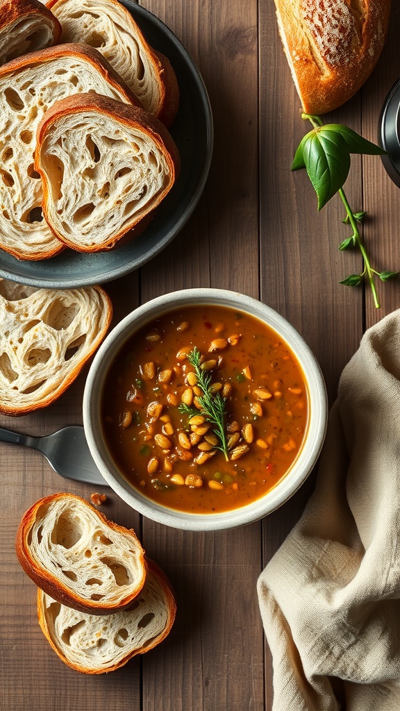 A bowl of lentil soup served with slices of crusty bread on a wooden table.