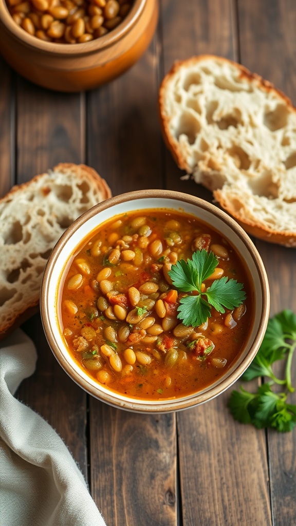 A bowl of lentil soup with crusty bread on a wooden table.