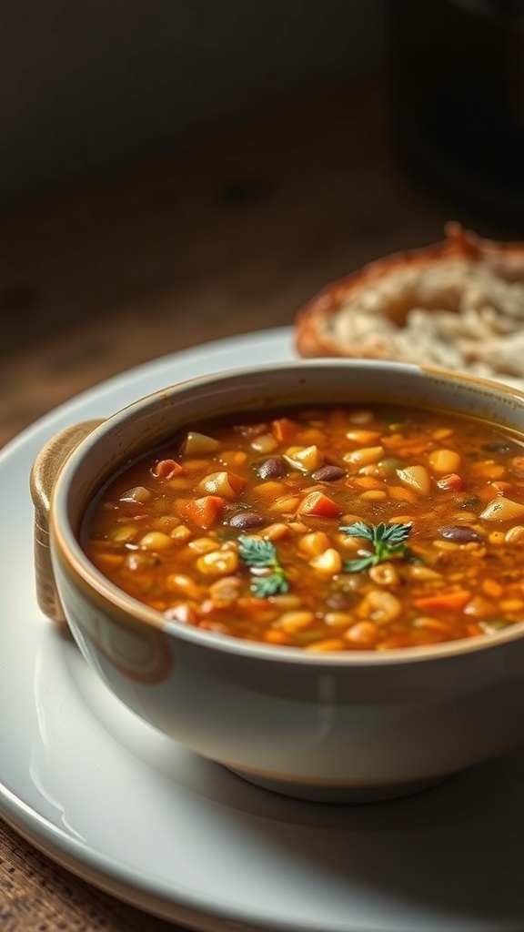 A bowl of lentil soup with vegetables, served with crusty bread.