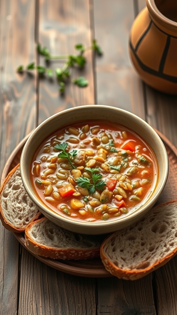 A bowl of lentil soup with crusty bread on a wooden table.