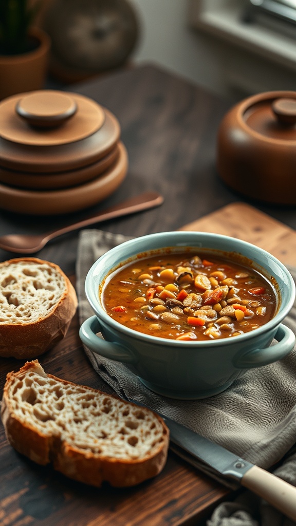 A bowl of lentil soup with colorful vegetables, served with slices of crusty bread on a wooden table.