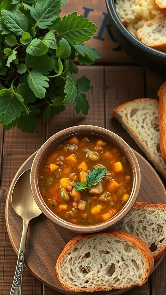 A bowl of lentil soup with crusty bread on a wooden table