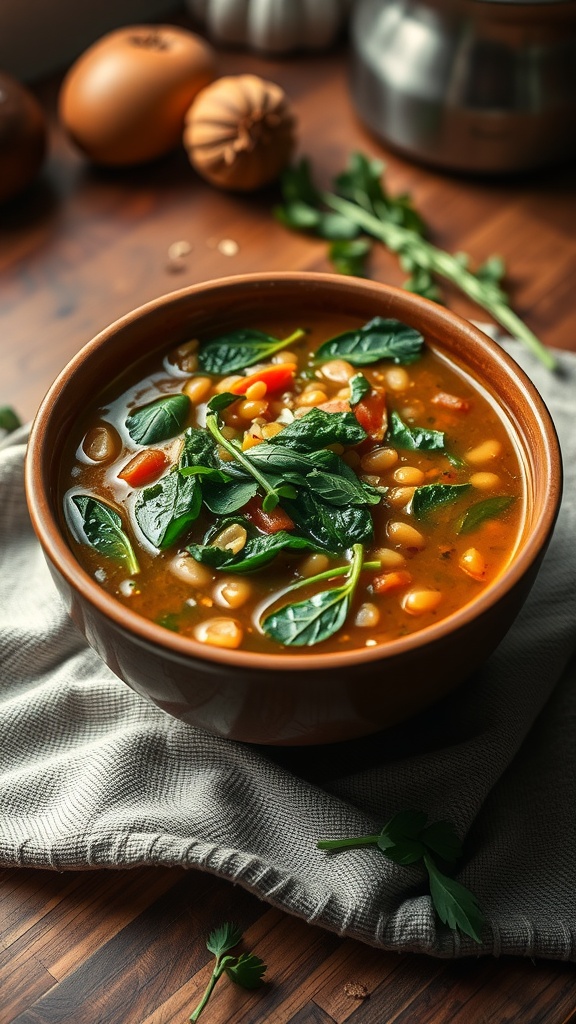 A warm bowl of lentil soup with fresh spinach.