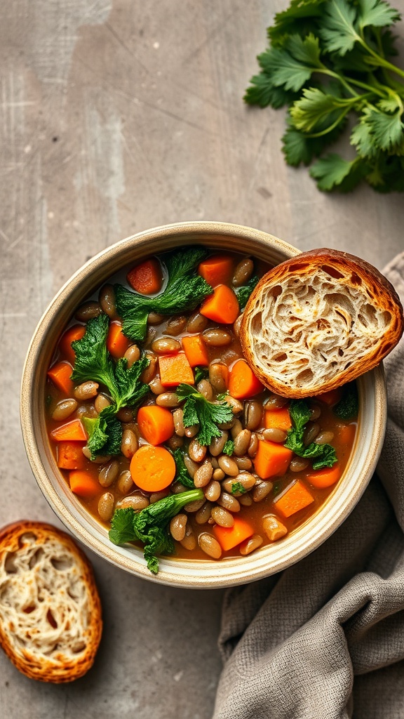 Bowl of lentil soup with kale and carrots beside slices of bread