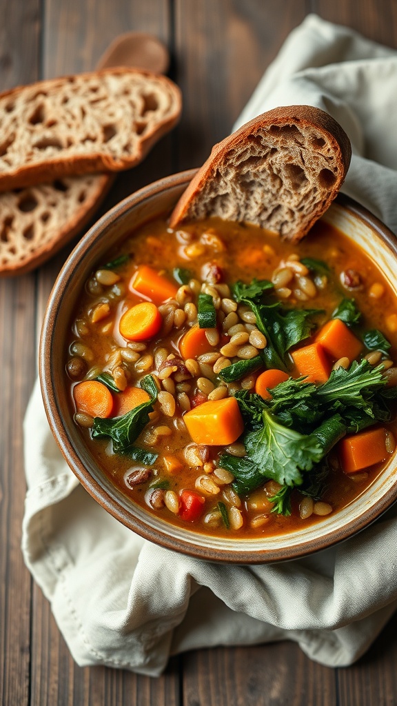 Bowl of lentil soup with kale and carrots, served with a slice of bread