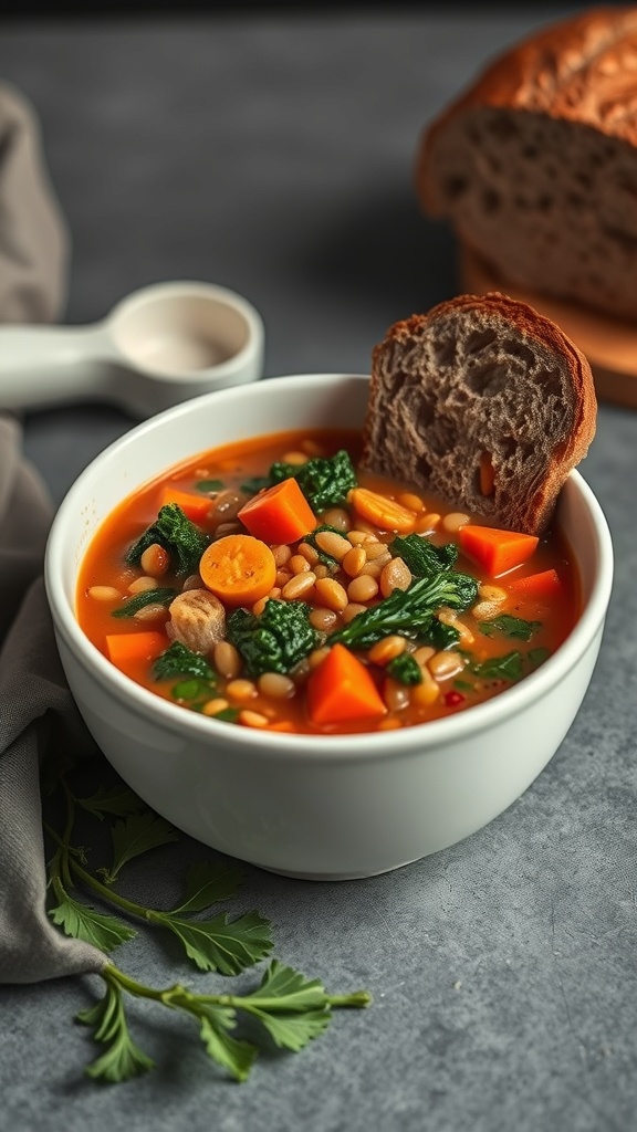 A bowl of lentil soup with kale and carrots, garnished with a slice of whole-grain bread.