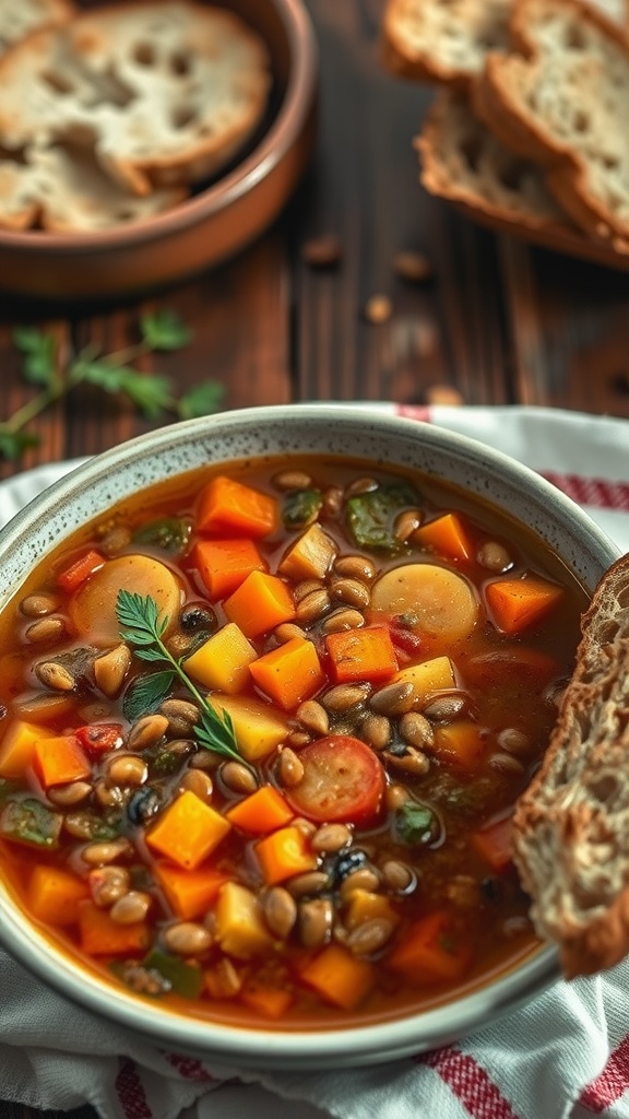A hearty bowl of lentil soup with colorful root vegetables, served with a slice of bread.