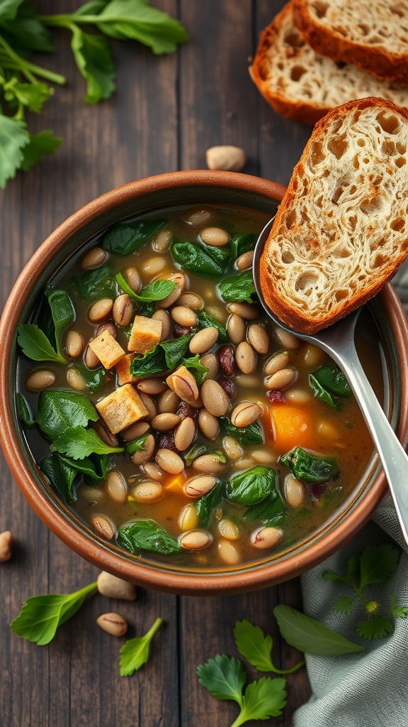 A bowl of lentil soup garnished with seasonal greens, accompanied by slices of crusty bread.