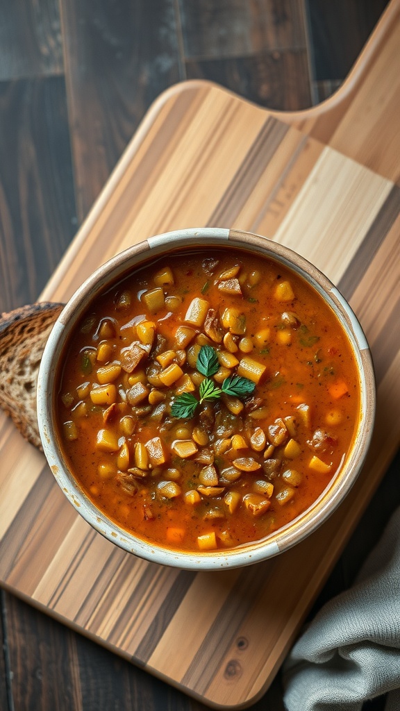 Bowl of lentil soup with seasoned bread on a wooden cutting board.