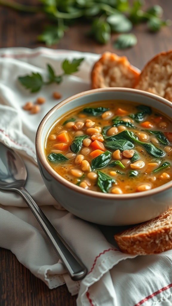 A bowl of lentil soup with spinach, accompanied by slices of bread.