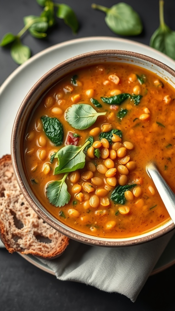 A warm bowl of lentil soup with spinach, garnished with fresh herbs