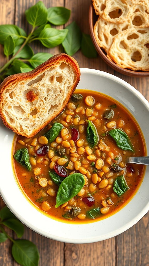 A bowl of lentil soup with spinach, garnished with fresh spinach leaves and accompanied by crusty bread.
