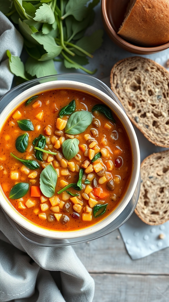 A bowl of lentil soup with spinach, garnished with basil leaves, served with slices of whole grain bread.