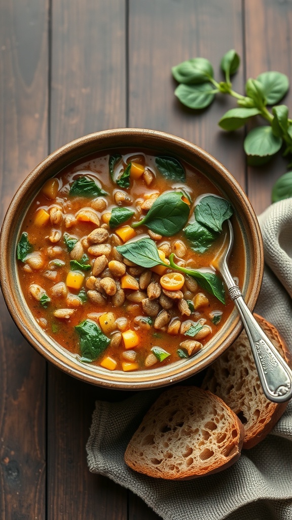 A bowl of lentil soup with spinach, served with slices of bread on the side.