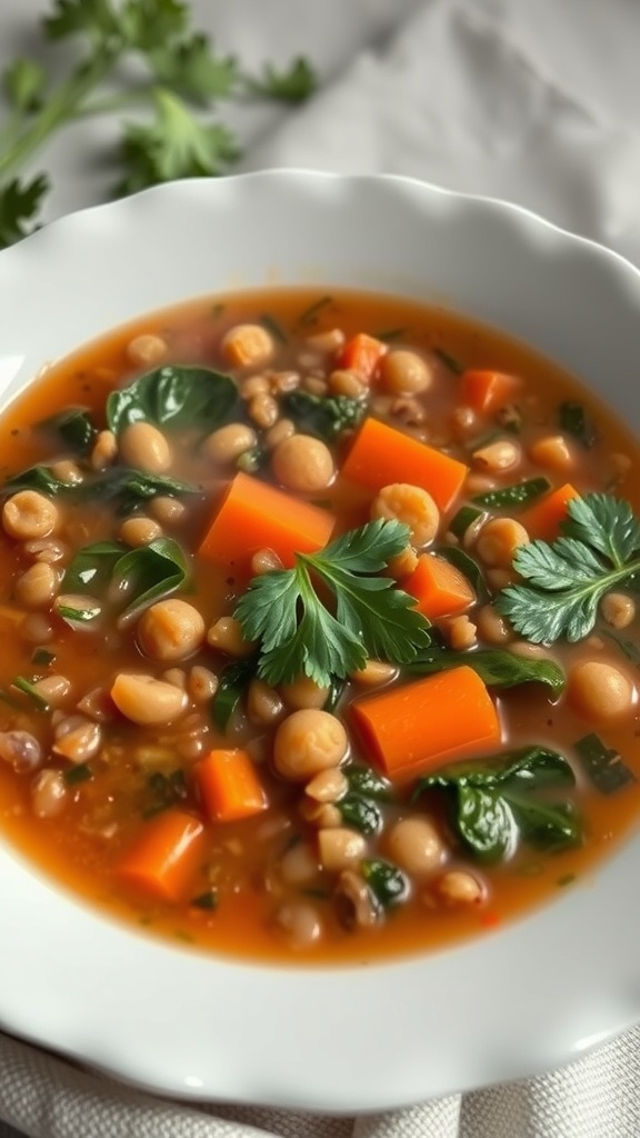 A bowl of lentil soup with spinach and carrots, accompanied by a slice of bread.