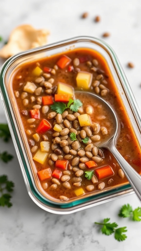 A bowl of lentil soup with vegetables, garnished with cilantro, in a glass container.