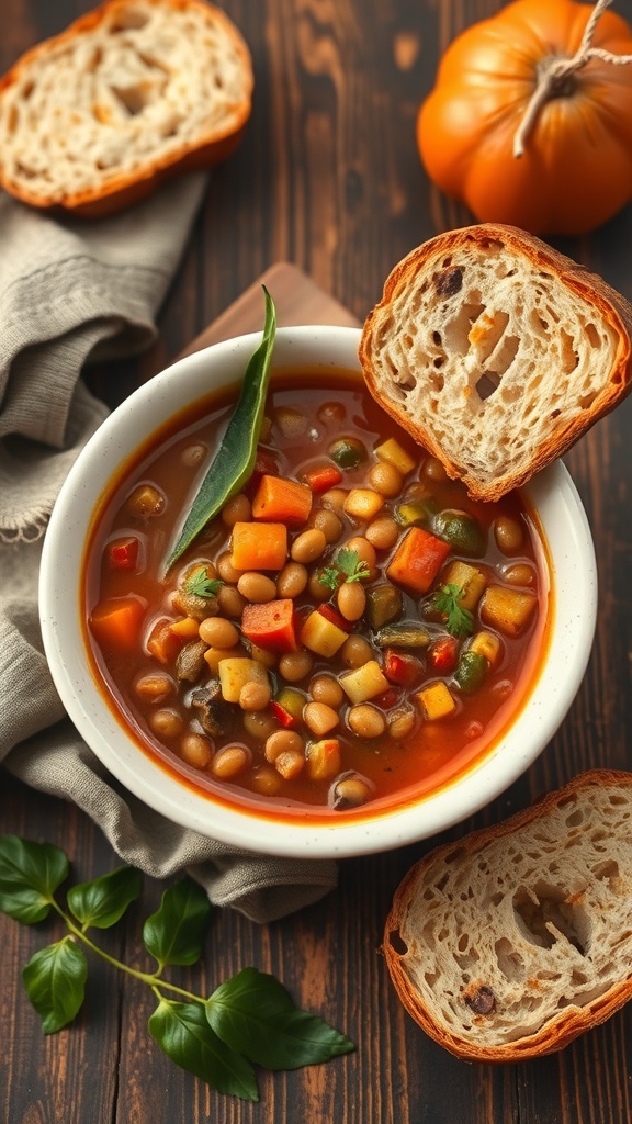 A bowl of lentil soup with vegetables, garnished with herbs, and slices of bread on the side.