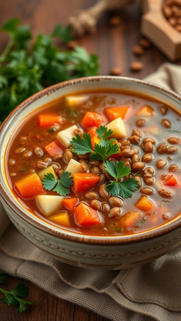 A bowl of lentil soup with vegetables, garnished with fresh parsley.
