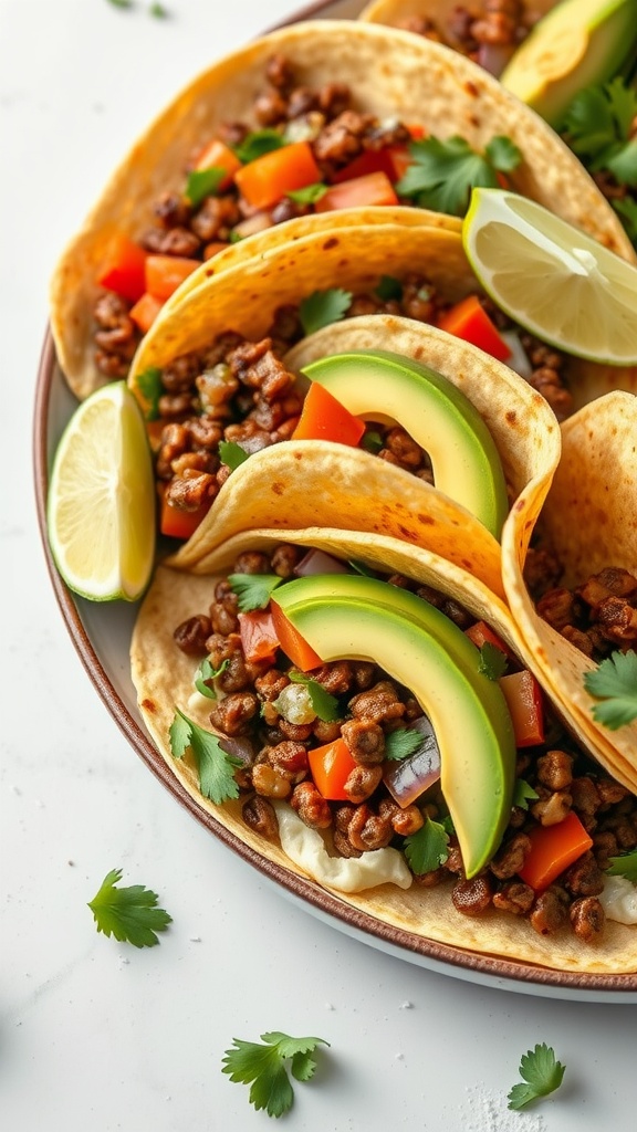 Delicious lentil tacos with avocado slices and fresh vegetables served on a plate