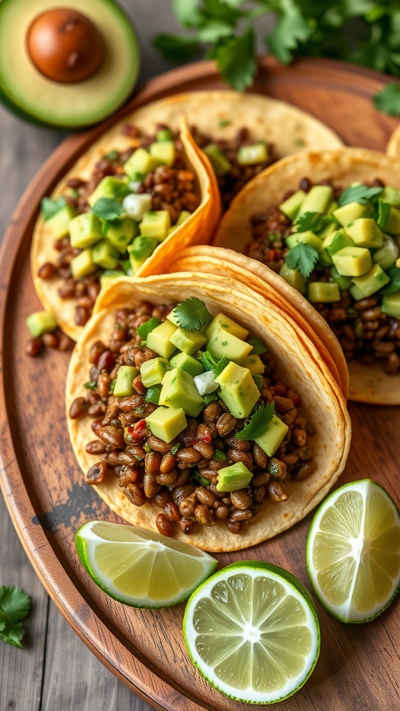 Lentil tacos with avocado salsa on a wooden plate