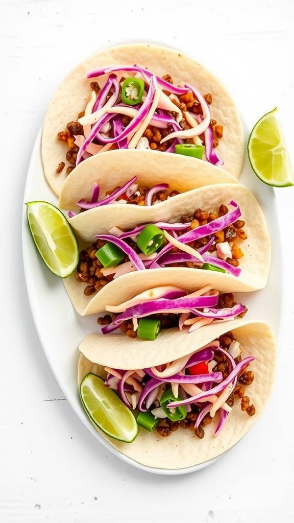 Plate of lentil tacos topped with cabbage slaw and lime wedges.