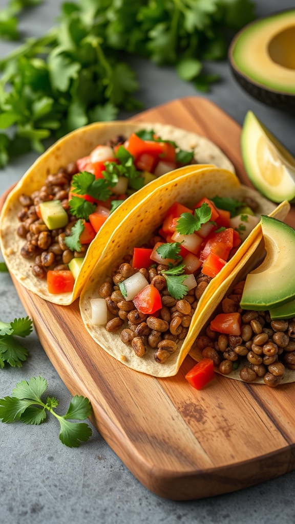 Three lentil tacos topped with fresh salsa on a wooden board.