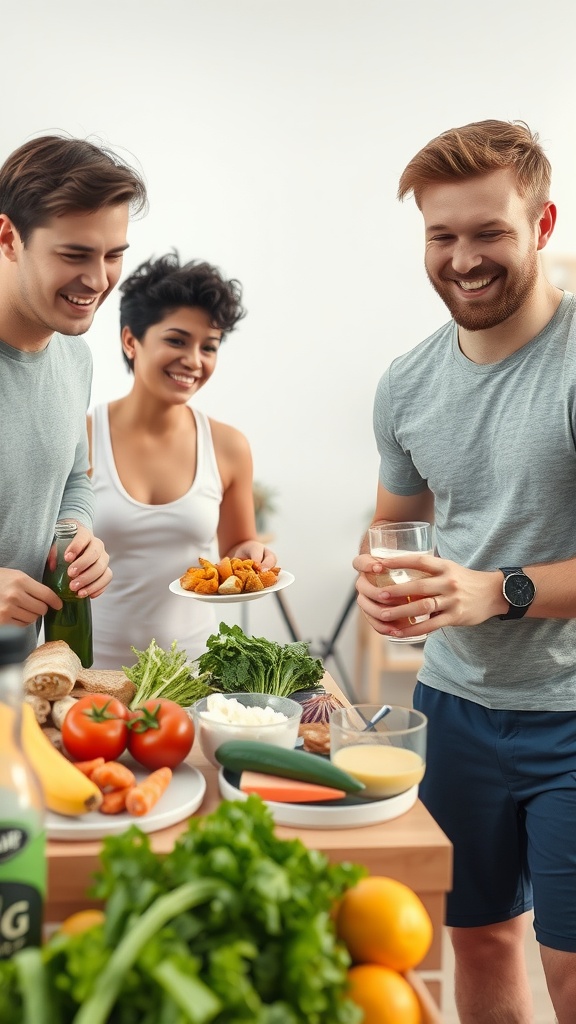 A group of friends enjoying healthy food preparation together in a kitchen.