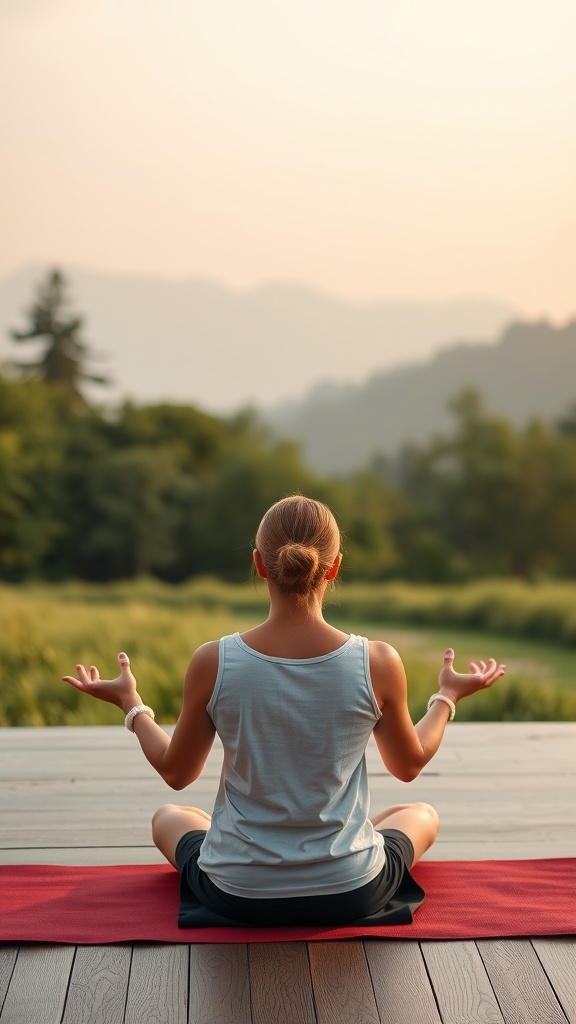 A person meditating outdoors on a yoga mat, surrounded by greenery and mountains