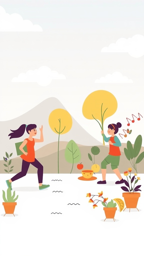 Two people outdoors engaging in physical activity and gardening surrounded by plants and trees.
