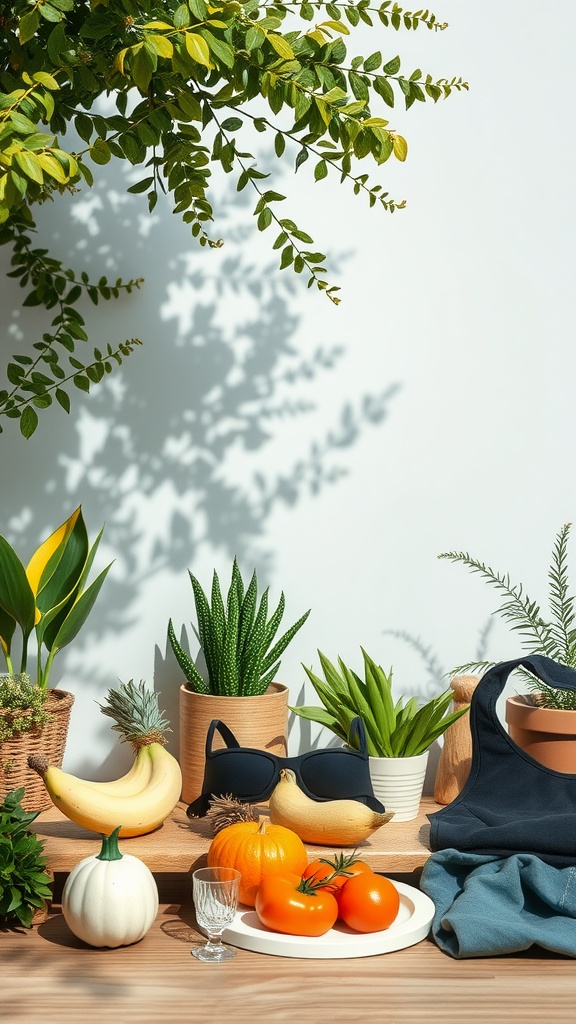 A display of fresh fruits, vegetables, and greenery, symbolizing healthy living and skincare.