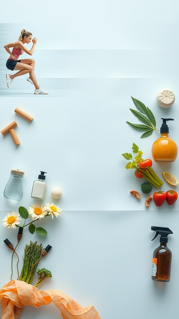 An image showing a woman exercising alongside various skincare products and fresh fruits and vegetables.
