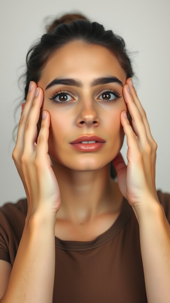 A person practicing face yoga by gently holding their face to lift cheeks and jawline.